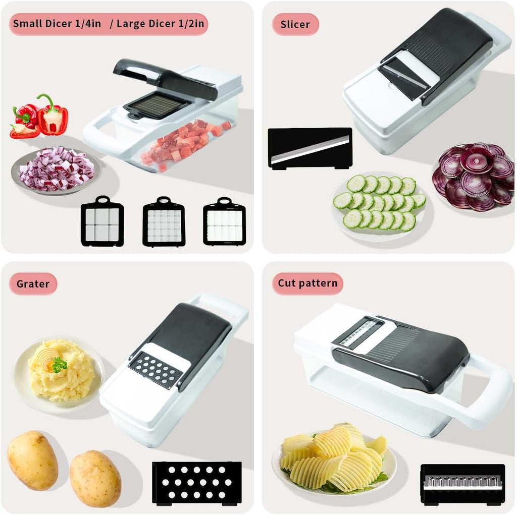 Vegetable Chopper Kit, Stainless Steel Blades, with Veggie Pusher, Grating & Pattern Cutting Blades, Catch Basin & Wash Basket, Safety Lock, Dishwasher Safe Kitchen Gadget (Black-White)