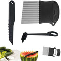 4 Piece Kitchen Spiral And V-Shaped Tools, vegetable peeler,crinkle cutter knife, Multifunctional Kitchen Set, Stainless Steel Manual Kitchen Tools for Creative Food Decoration(black）