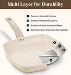 KOCH SYSTEME CS Nonstick Grill Pan for Indoor Cooking, 9.5 Inch Ceramic Square Frying Pan with Lid, Versatile Nonstick Griddle Pan for Stove Tops, Induction Compatible, Toxic-Free, Cream White