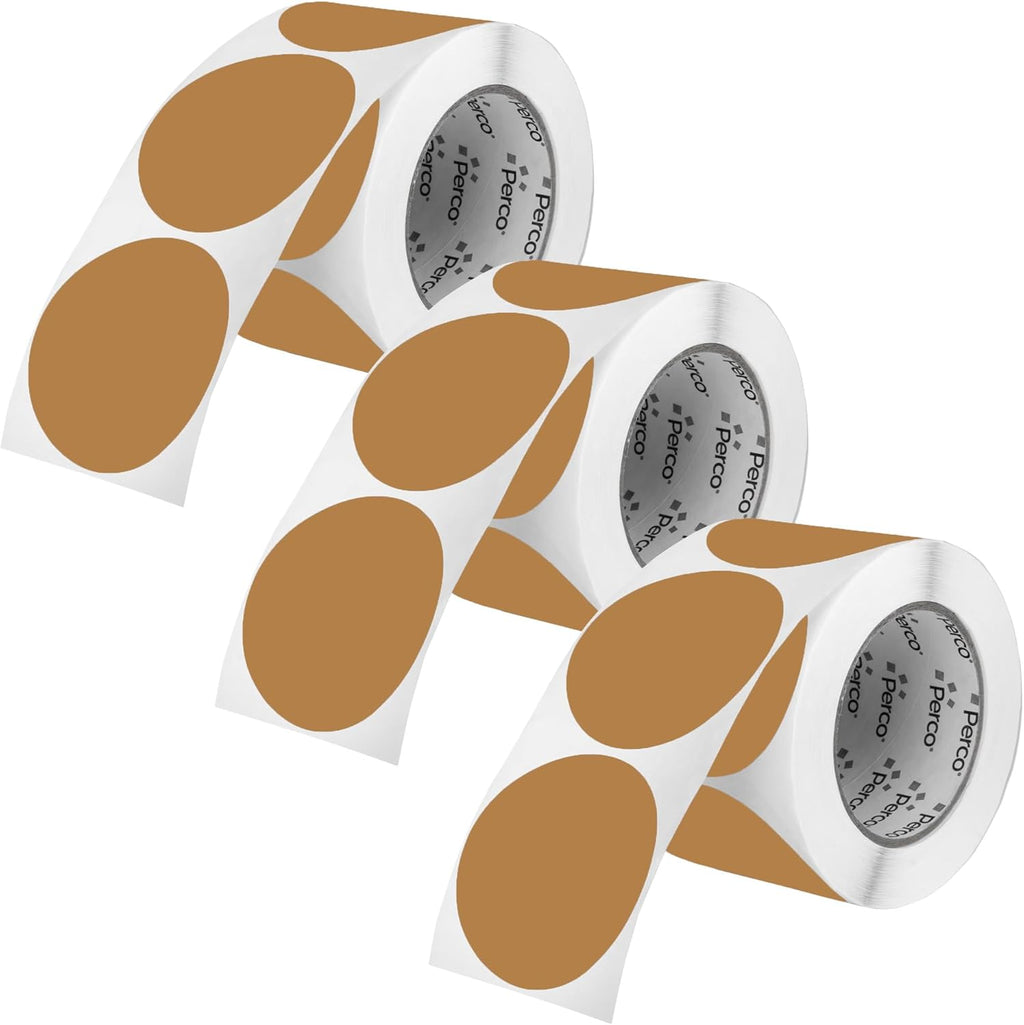 Perco Kraft Brown 3-Inch Round Circle Dot Sticker Labels - Multi-Roll Pack (3 Rolls, 500 Labels Each) - Permanent Adhesive, Natural, Cardboard-Like Surface - Perforated for Easy Use - Made in USA