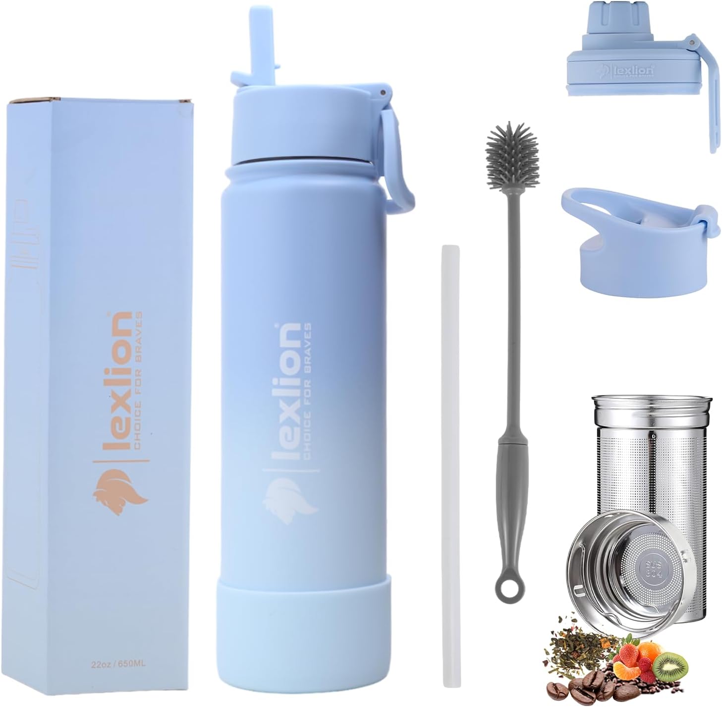 Lexlion Tea Infuser Water Bottle 22 Oz, Triple Walled Insulated Stainless Steel Bottle, Thermal Fruit Leaf Infuser, Silicone Sleeve, 3 Lids Leakproof, Metal Mug Gallon
