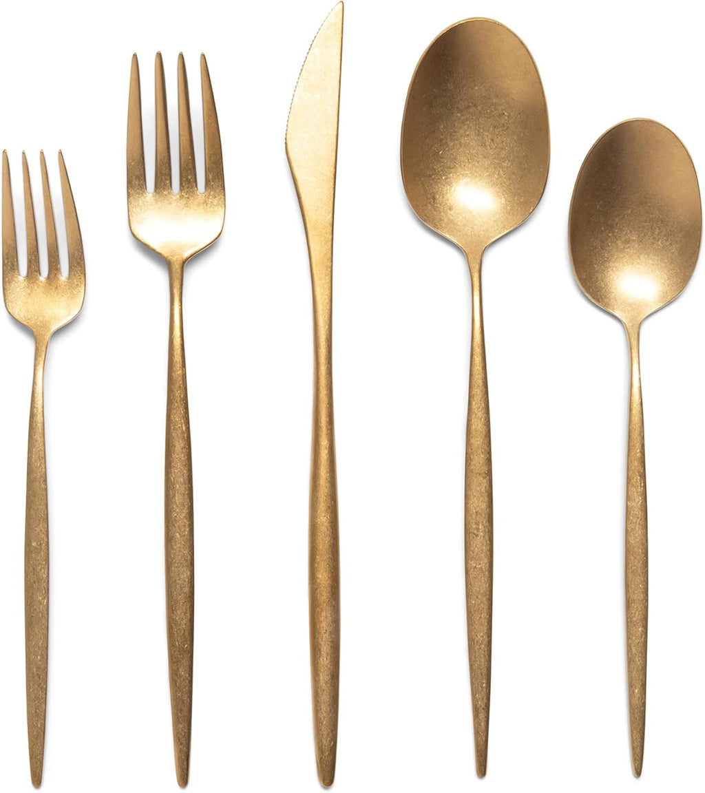 Luxury Vintage Flatware 20-Piece Set – Service for 4, Premium Stainless Steel with Weighted Handles, Aged Heirloom Finish, Dishwasher Safe, Elegant and Modern Cutlery (Vintage Gold)