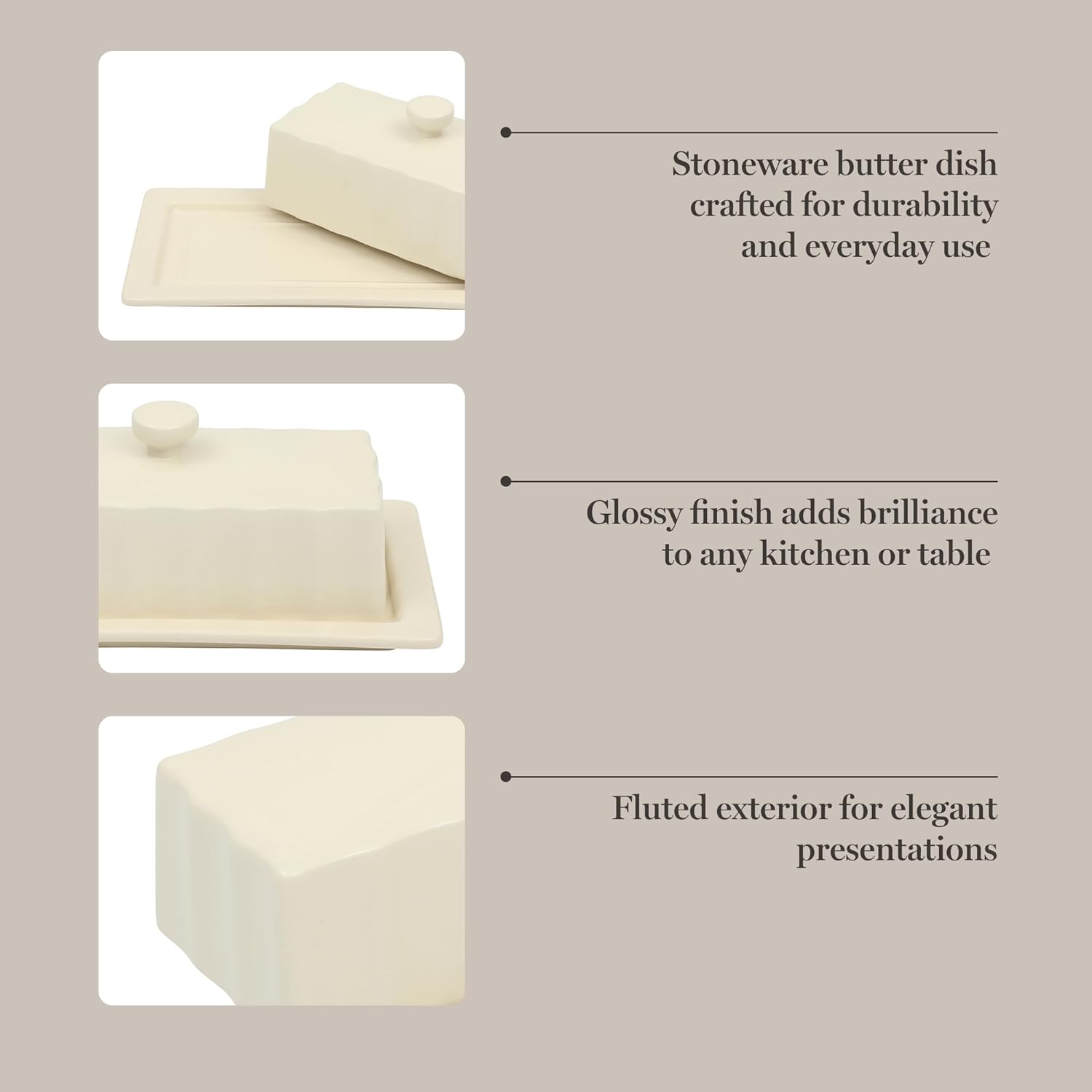 Martha Stewart Broadbrook Stoneware Butter Dish with Lid, Rectangular Covered Butter Keeper, 8.1 x 4.4 x 3 Inches, Classic Cream Glaze, Dishwasher Safe Ceramic Storage for Counter or Table