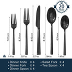 KINGSTONE Black Silverware Set, 20-Piece Forged Flatware Set Cutlery Set Premium Stainless Steel, Service for 4, for Kitchen, Home, Wedding, Party, Mirror Polished and Dishwasher Safe
