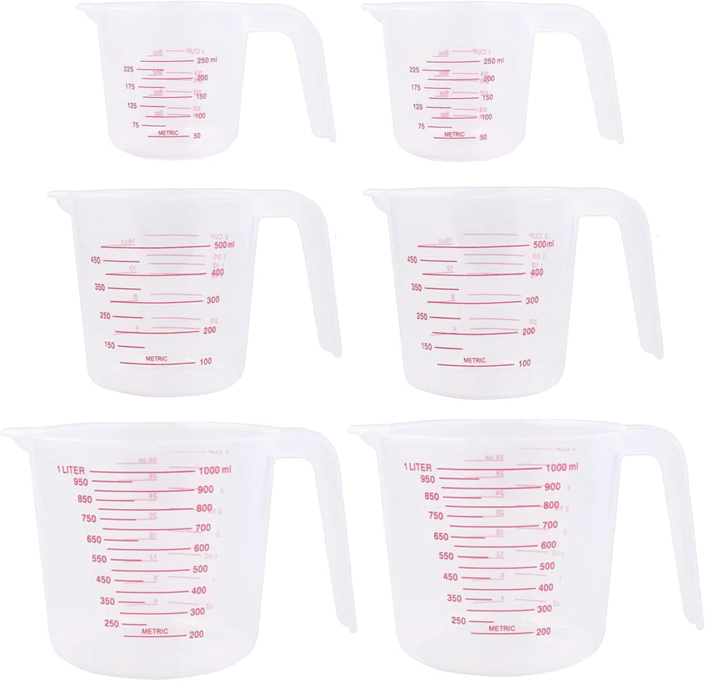 Unbreakable Plastic Measuring Cups 6 Piece Food-Grade Measuring Jugs, 250ml/500ml/1000ml- Capacity, Stackable and Dishwasher-Safe, Great for Oil, Vinegar, Flour, More Essential Kitchen Tools