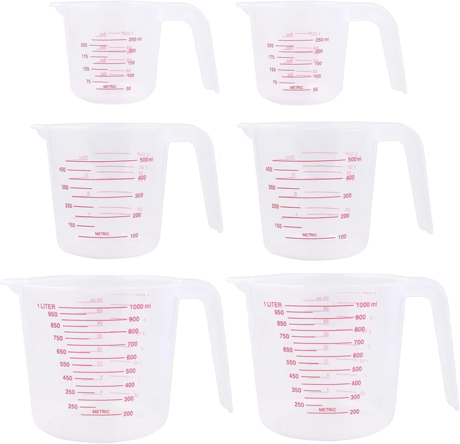 Unbreakable Plastic Measuring Cups 6 Piece Food-Grade Measuring Jugs, 250ml/500ml/1000ml- Capacity, Stackable and Dishwasher-Safe, Great for Oil, Vinegar, Flour, More Essential Kitchen Tools