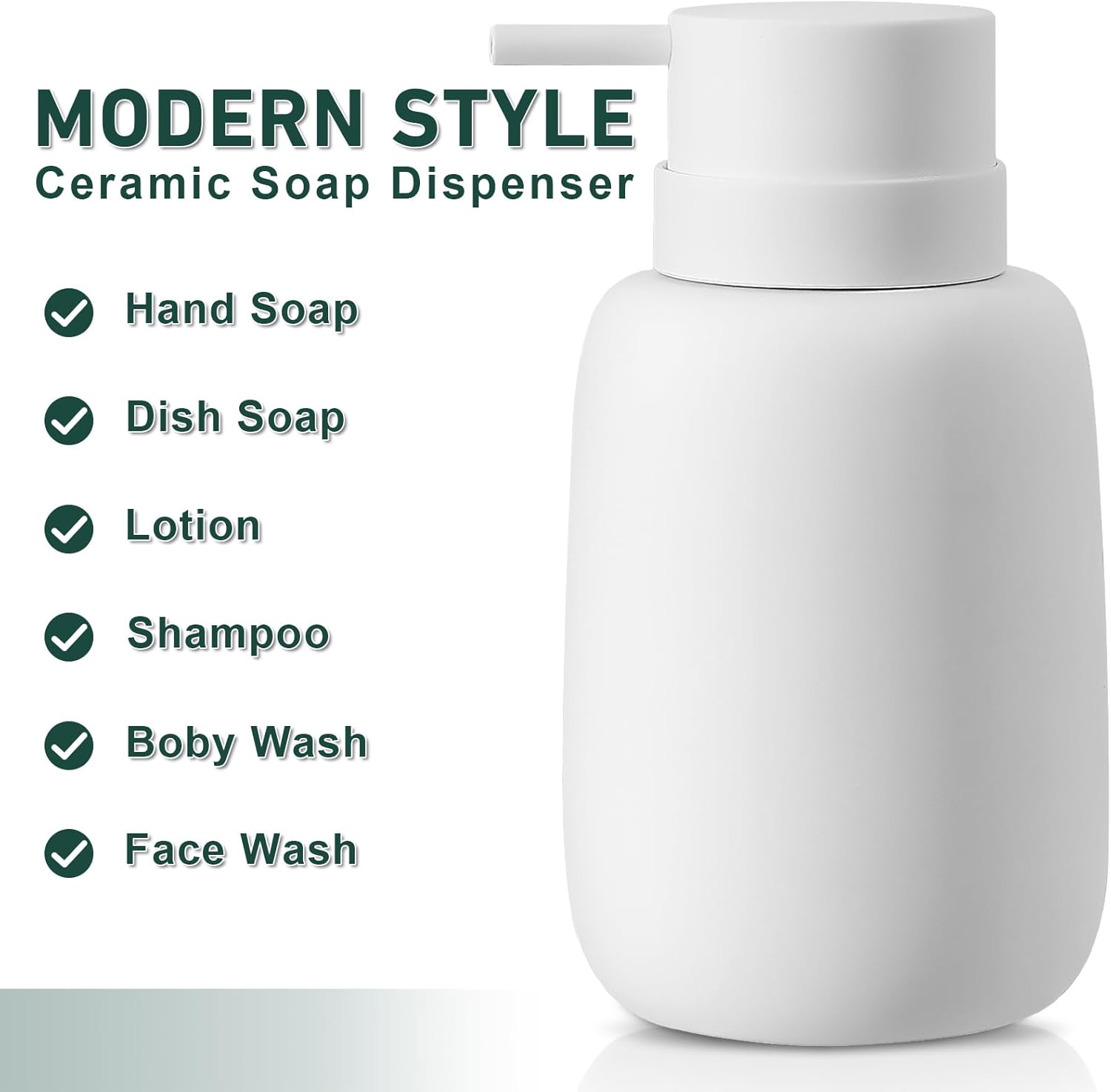 Ceramic Hand Soap Dispenser for Bathroom,16OZ Matte Dish Soap Dispenser for Kitchen Sink,Refillable Liquid Lotion Dispenser with Easy-to-Press Pump Rubber Paint (White)