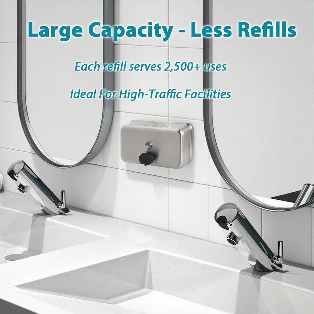 Commercial Soap Dispenser Wall Mount – Antirust Stainless Steel Soap Dispenser Liquid 38.8oz Large Capacity (Horizontal), Anti-Leak SUS304 Brushed Metal for Bathroom & High-Traffic Areas