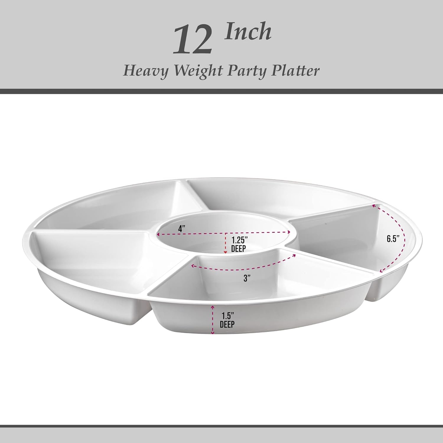 Plasticpro 6 Sectional Round Plastic Serving Tray/Platter (8, White)
