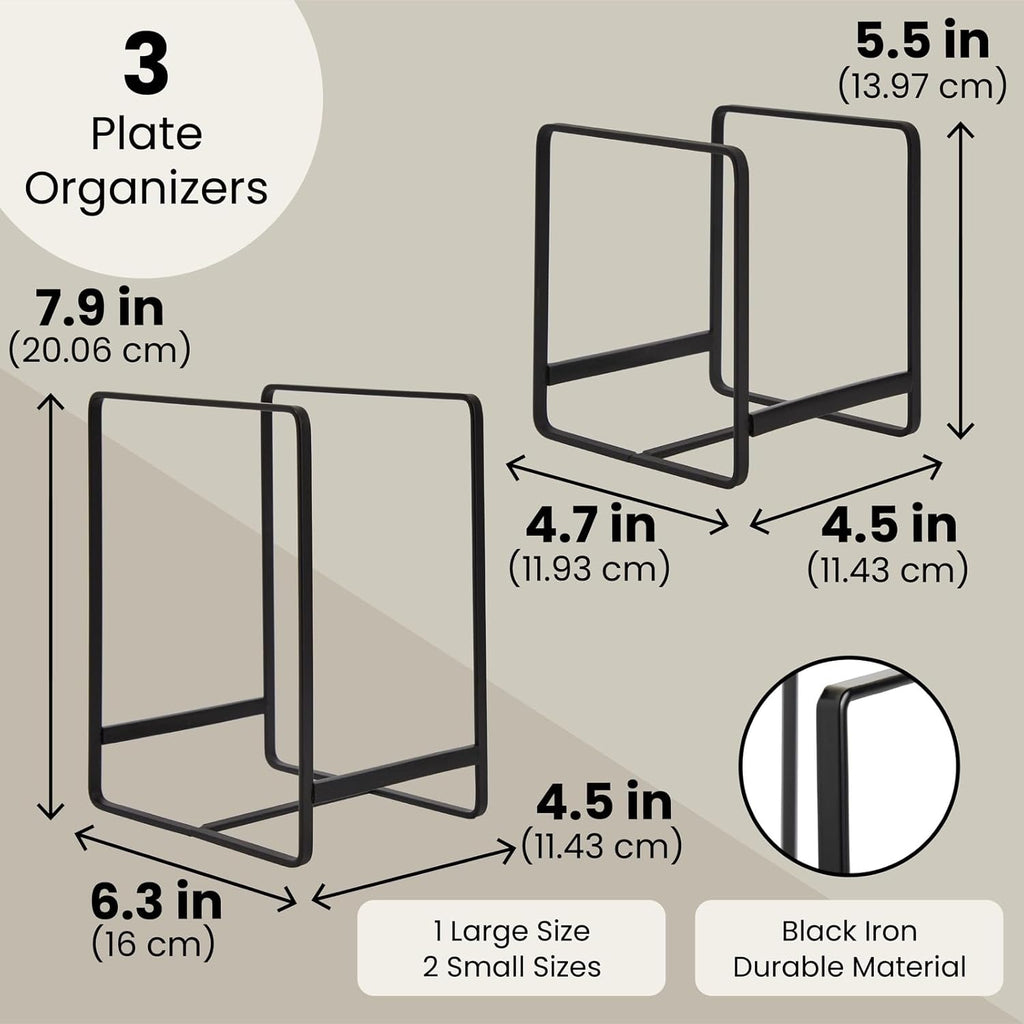 Juvale 3-Piece Kitchen Cabinet Organizer Shelf - Black Iron, 2 Sizes for 8" & 10" Plates - Cutting Board Organizer, Pot Lid & Paper Plate Holder