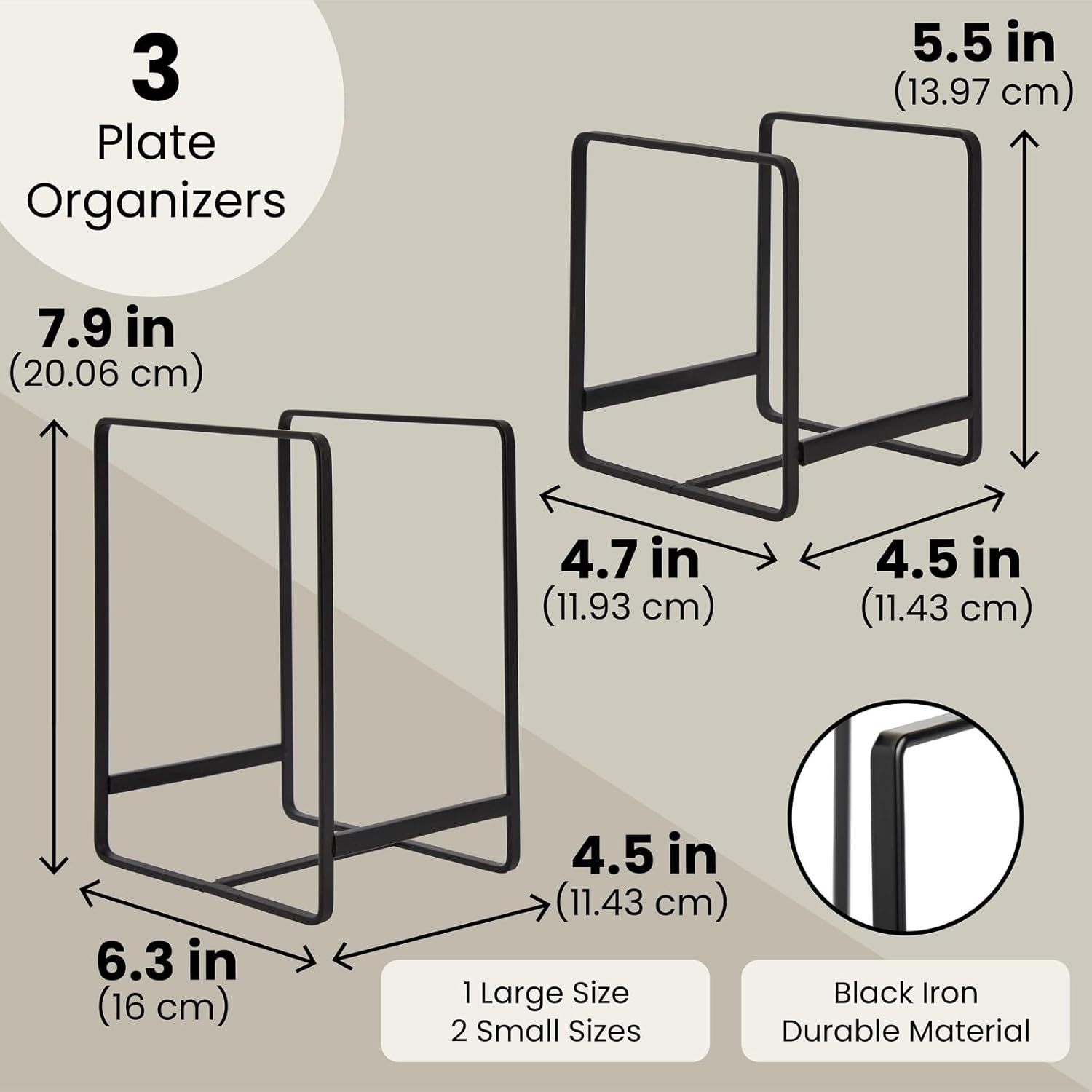 Juvale 3-Piece Kitchen Cabinet Organizer Shelf - Black Iron, 2 Sizes for 8" & 10" Plates - Cutting Board Organizer, Pot Lid & Paper Plate Holder