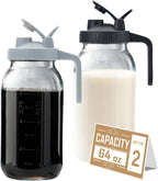 64oz Glass Pitcher with Lid - 2 Quart Mason Jar Pitcher with Spout, Leak-proof Milk Container for Refrigerator, Easy to Clean Wide Mouth Water Jug, Juice, Tea, Iced Coffee, Beverage and Drinks