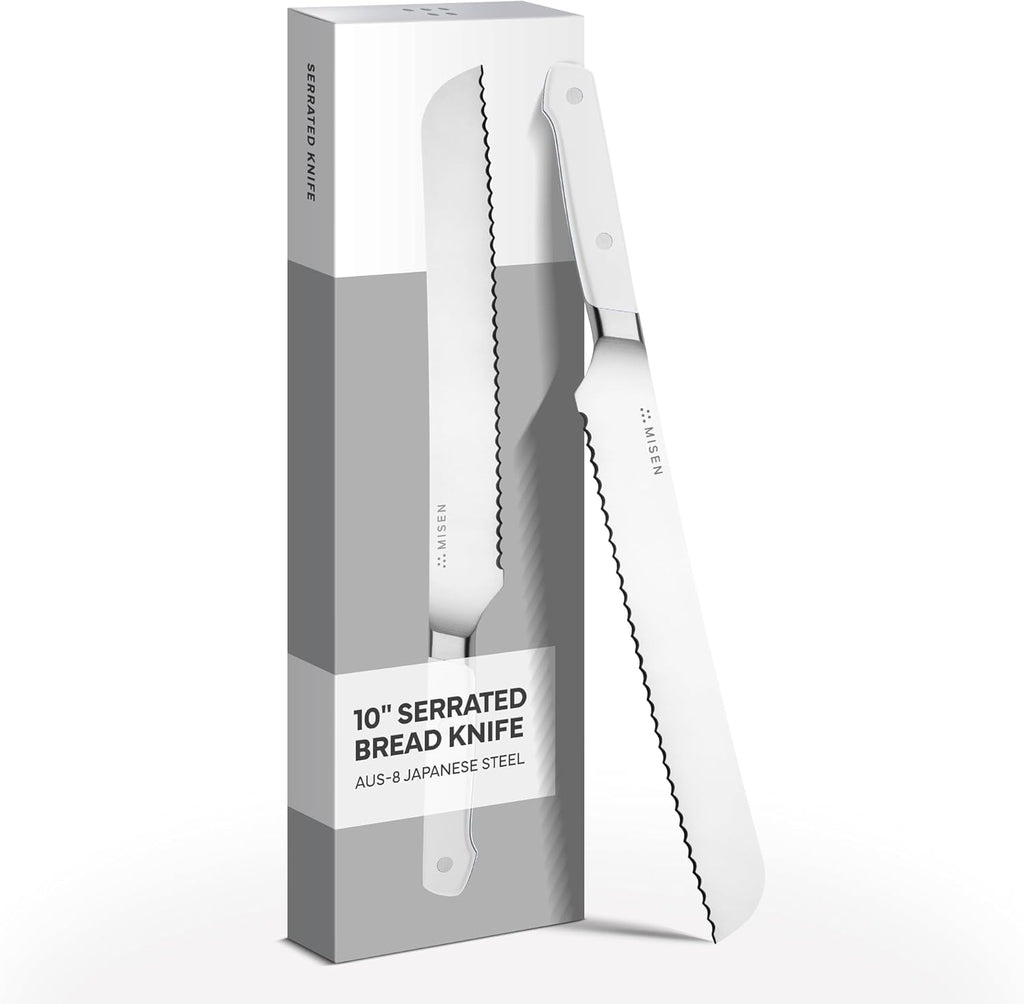 Misen Serrated Bread Knife - High-Carbon Japanese AUS8 Steel - Perfect for Soft Foods, Bread, Pastries, and Fruits - Verstatile Slicer, Razor-Sharp Edge, Durable Blade, Ergonomic Handle - 10", White