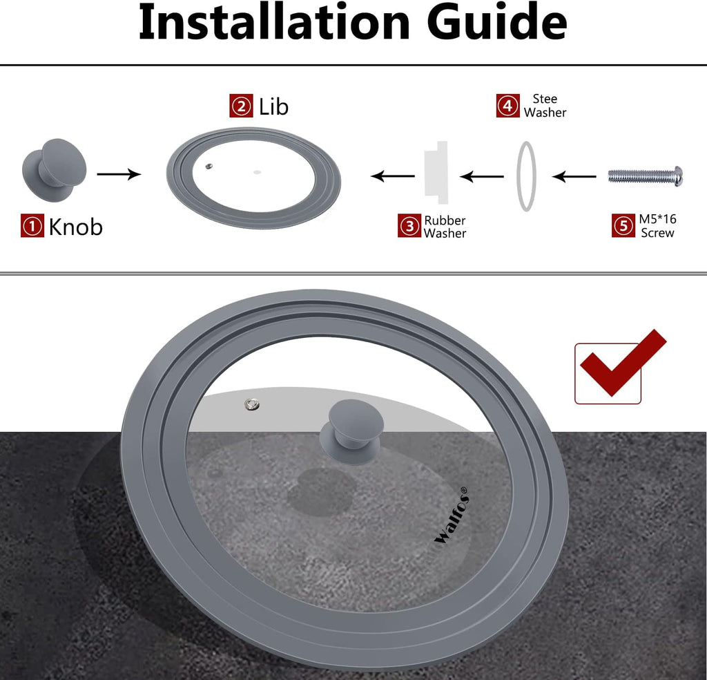 Universal Lid for Pots, Pans and Skillets - Walfos Tempered Glass Pan Lid with Heat Resistant Silicone Rim, BPA Free Large Pot Lids Fits 9.5", 10" and 11" Diameter Cookware, Dishwasher-Safe, Grey