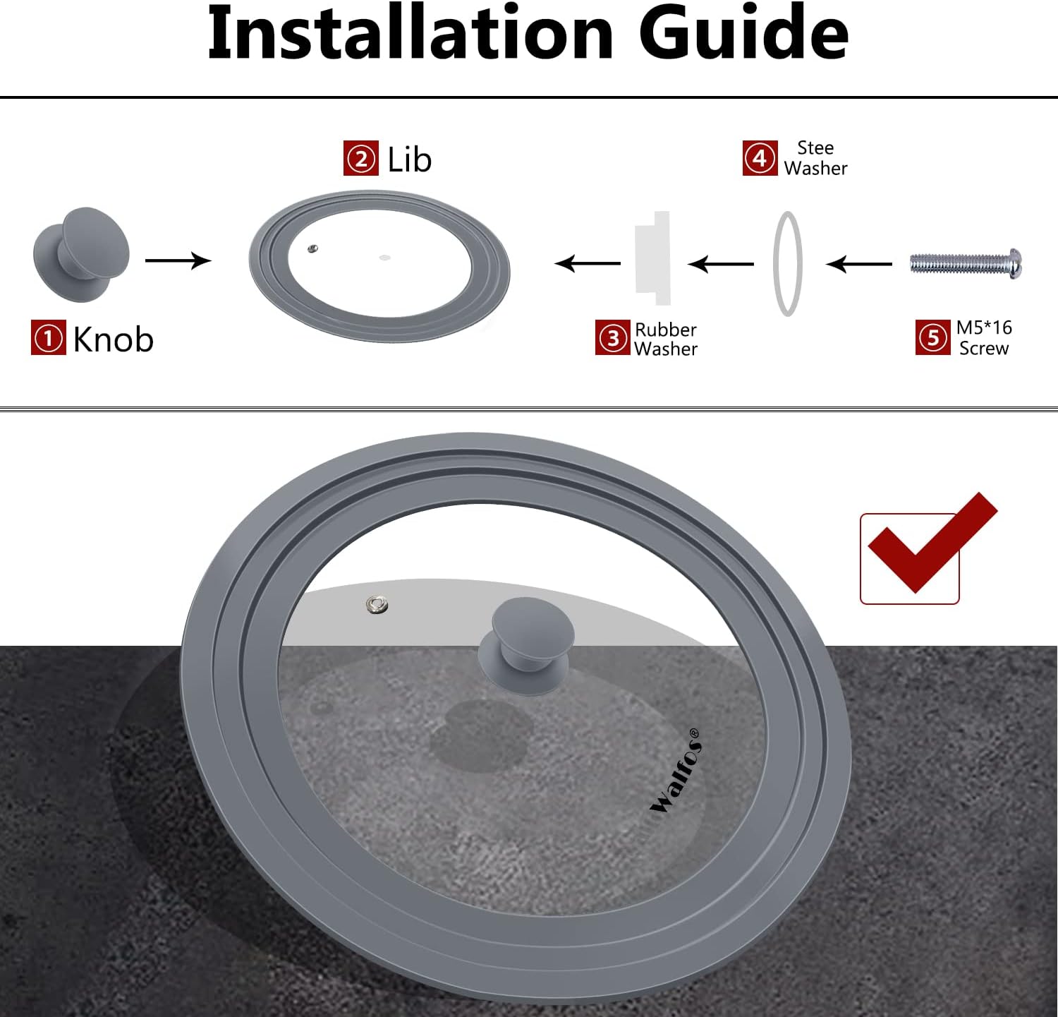 Universal Lid for Pots, Pans and Skillets - Walfos Tempered Glass Pan Lid with Heat Resistant Silicone Rim, BPA Free Large Pot Lids Fits 9.5", 10" and 11" Diameter Cookware, Dishwasher-Safe, Grey