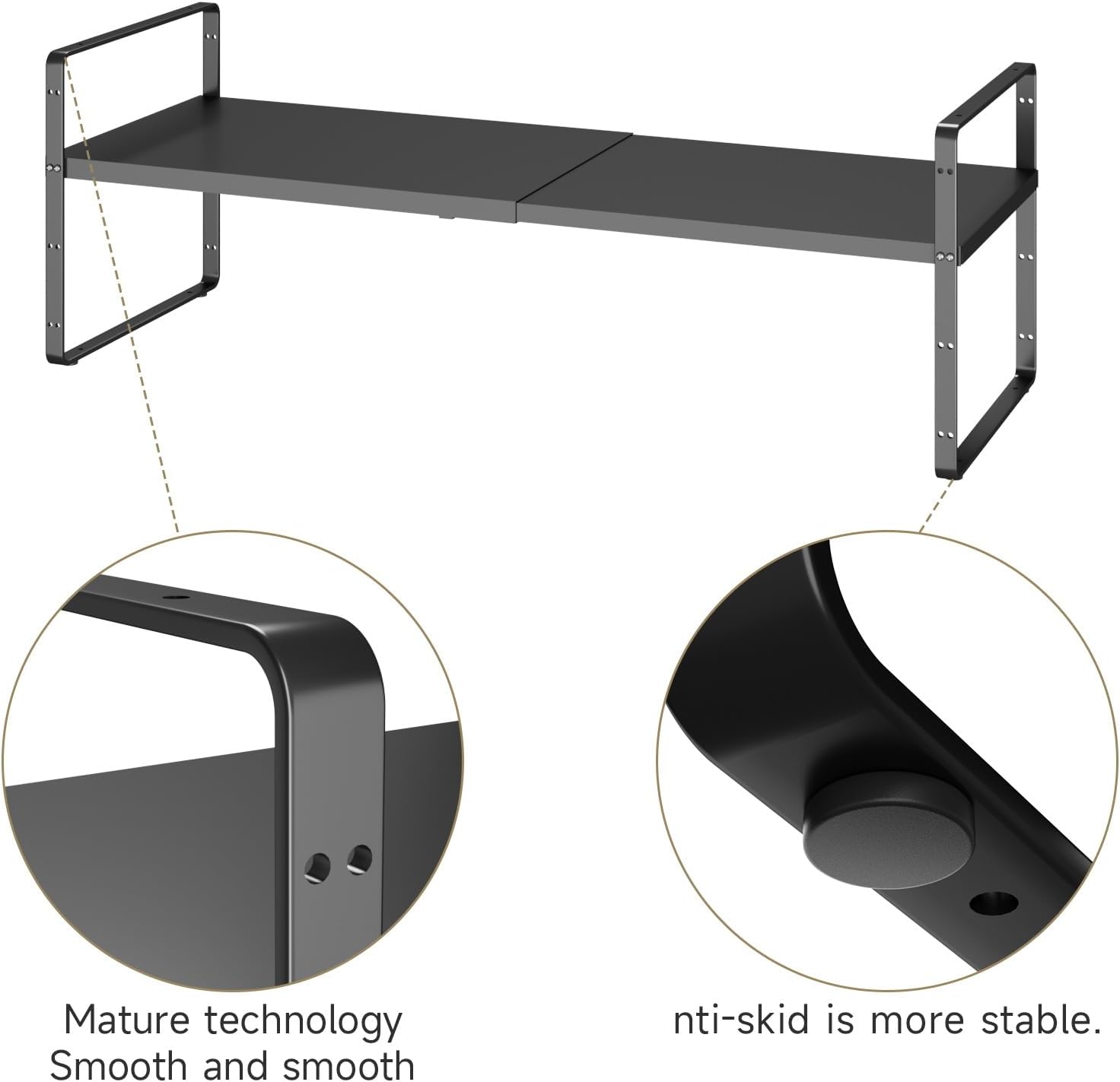 16.5~27.1" Expandable Shelf Organizer, 1Pack 10.2" Wide Stackable Cabinet Shelf Organizers, Black Metal Sturdy Kitchen Counter Storage for Countertop, Adjustable Height Spice Rack