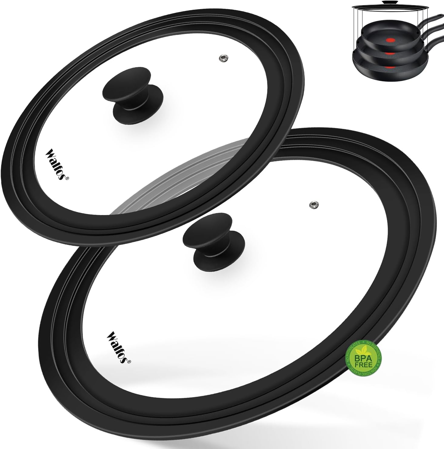 Walfos Universal Lid, Tempered Pan Lid with Heat Resistant Silicone Rim, Fits All 7" to 12" Diameter Cookware, Pots, Pans and Skillets (2Pk)