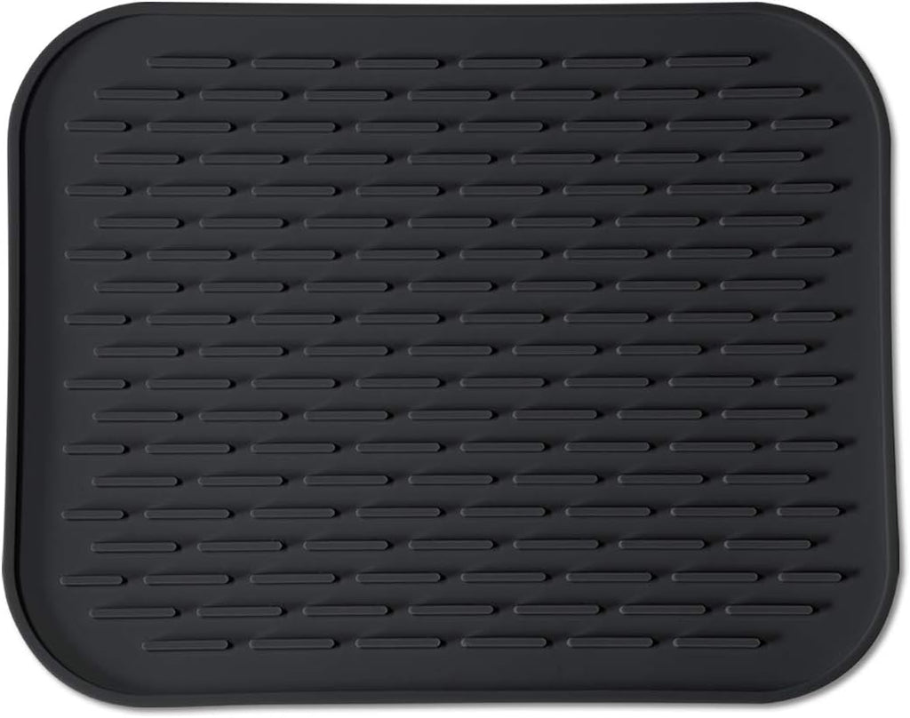 Silicone Dish Drying Mat for Multiple Usage,Easy clean,Eco-friendly,Super Sturdy Silicone Dish Drying Mat and Trivet, Dishwasher Safe, Heat Resistant (Black, S 11.6×9.3inch)