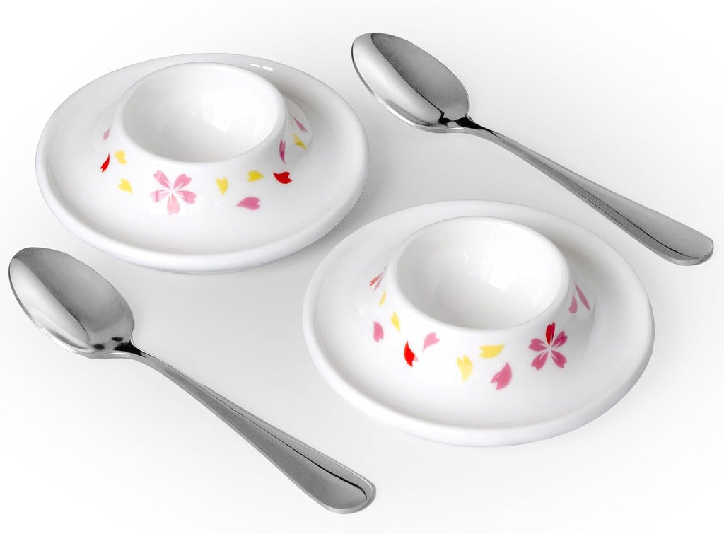 Cinf Ceramic Sakura Egg Holder Set of 2 Porcelain Holder With 2 Stainless Steels Egg Spoons Breakfast Boiled Cooking Easy to Clean Childhood Memories Kitchen