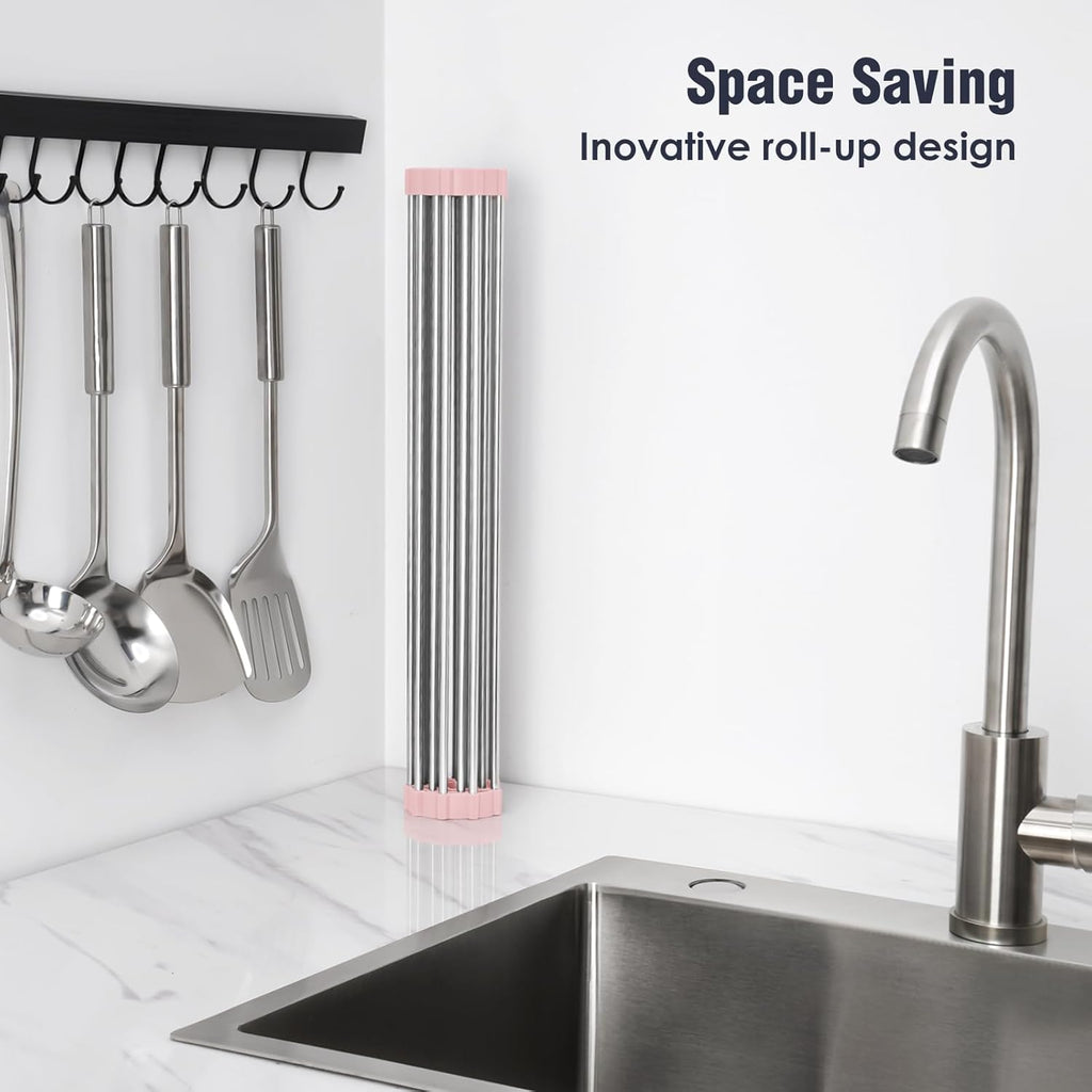 Tomorotec 21" x 15.5" Roll Up Dish Drying Rack Over Sink Drying Rack Sink Cover Kitchen Sink Accessories Gadget Multipurpose Organizer Foldable Stainless Steel Drainer