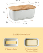 Covered Butter Dish for Countertop, Ceramic Butter Dish with Wooden Lid Airtight Butter Holder Container, Vintage HoneyBee Kitchen Decor, White
