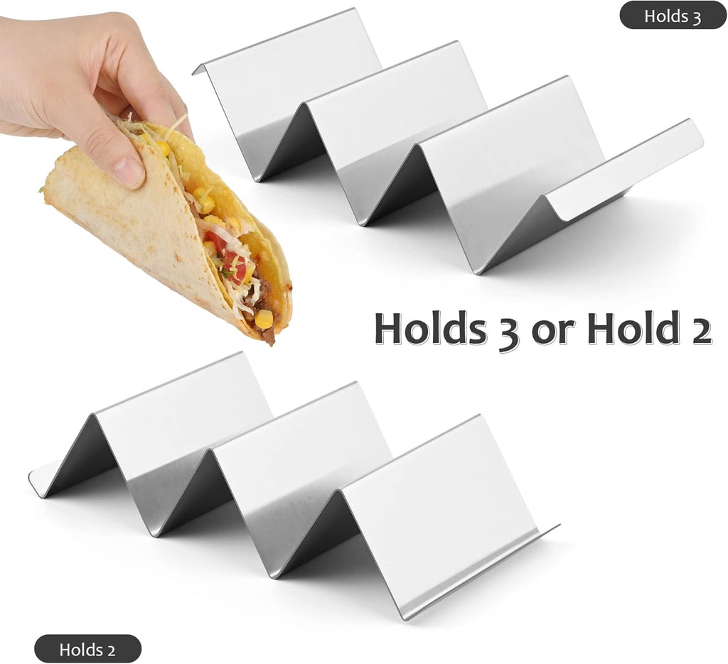 Smithcraft Stainless Steel Taco Holder Stand - Oven Grill Safe Metal Shell Racks With Handles, Fill Serve Tray Holds Up to 3 Tacos Each, Set of 6