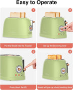 CROWNFUL 2-Slice Toaster, Extra Wide Slots Toaster, Retro Stainless Steel with Bagel, Cancel, Defrost, Reheat Function and 6-Shade Settings, Removal Crumb Tray, Green