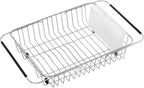 SANNO Dish Drying Rack, Expandable Dish Drainer Over Sink in Sink On Counter with Utensil Silverware Storage Holder, Rustproof Stainless Steel