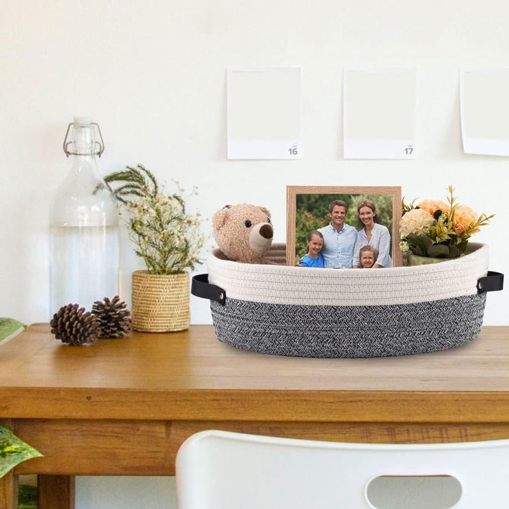 2 Pack Small Cotton Rope Woven Basket Toilet Paper Baskets for Organizing Decorative Basket for Boho Decor Small Storage Basket 13"x5.9"x4" Variegated Gray&White