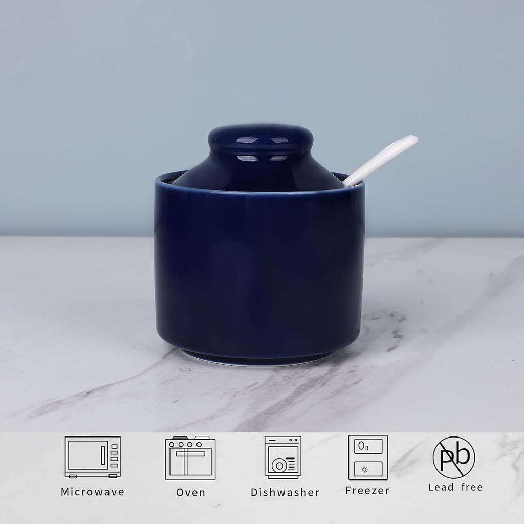 HAOTOP 8 oz Sugar Bowl with Lid and Spoon,Ceramic Sugar Jar Sugar Dispenser Sugar Container Coffee Bar Accessories, Kitchen Countertop Canisters (Navy)