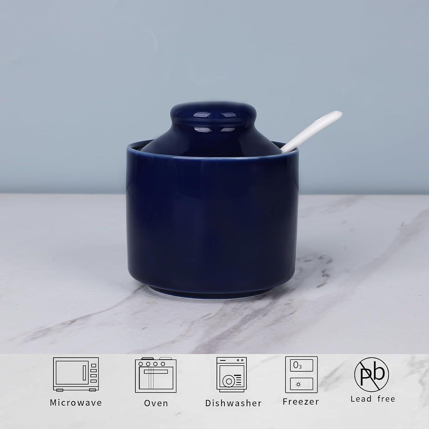 HAOTOP 8 oz Sugar Bowl with Lid and Spoon,Ceramic Sugar Jar Sugar Dispenser Sugar Container Coffee Bar Accessories, Kitchen Countertop Canisters (Navy)