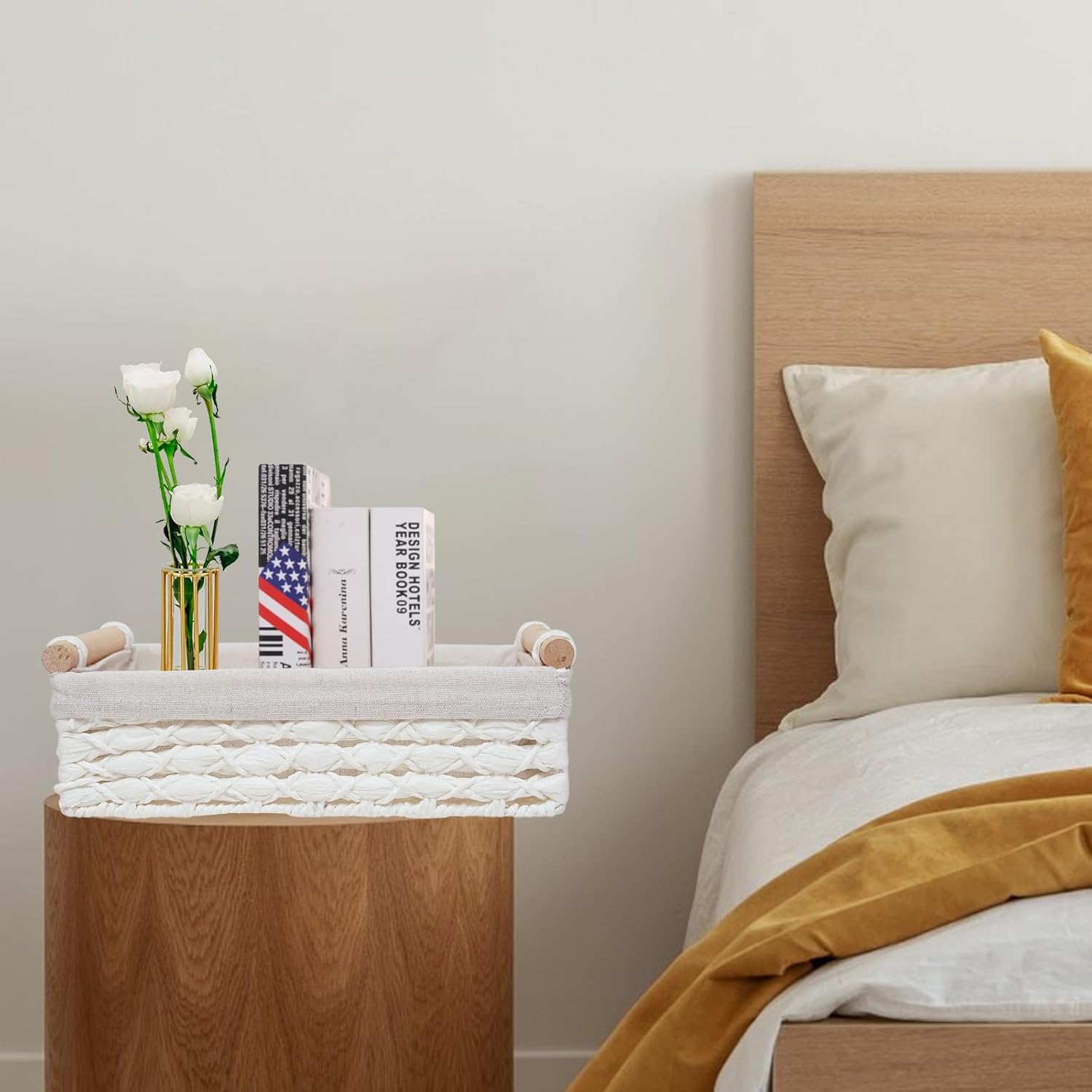 Storage Basket Wicker Baskets for Organizing with Handle Decorative Storage Bins for Countertop Toilet Paper Storage Basket for Toilet Tank Top Small Baskets Set (Set of 2,White)