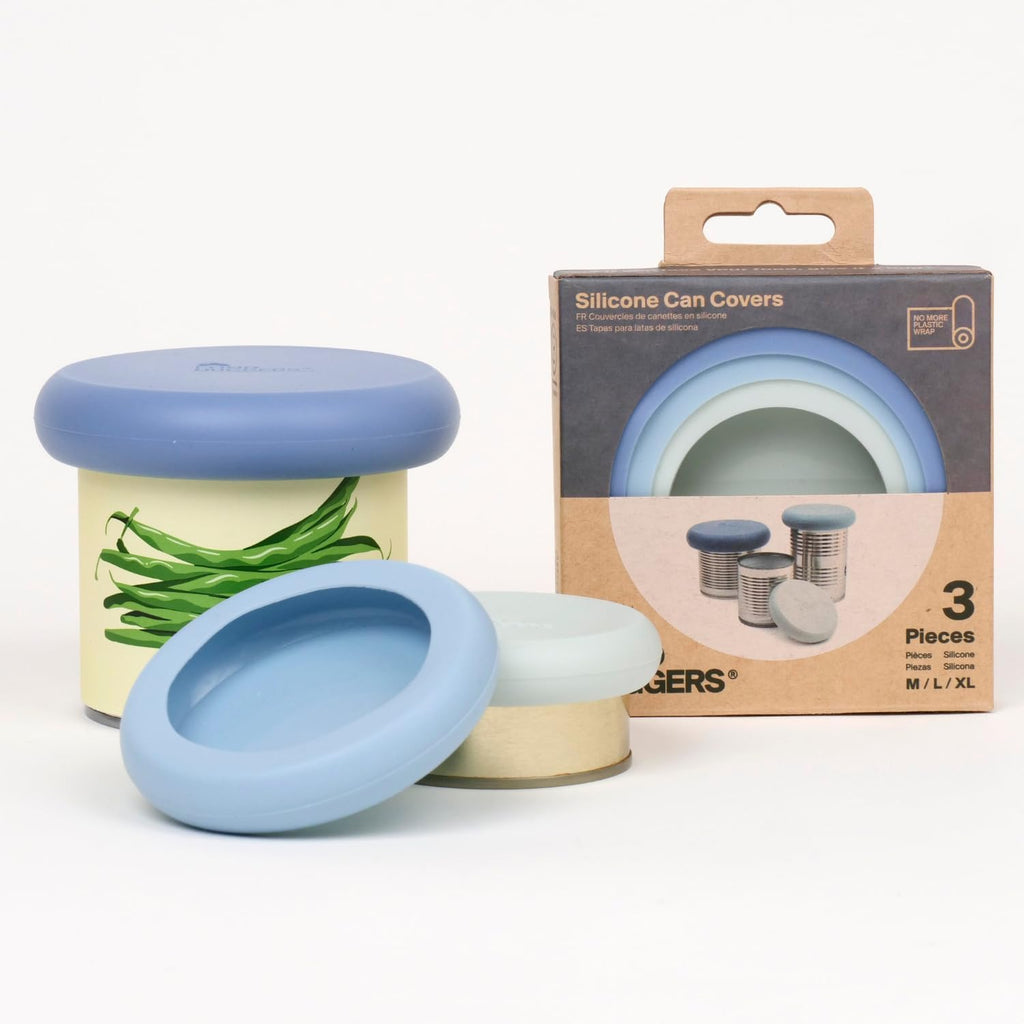 Food Huggers 3 Can Covers | Reusable Can Lids Snugly Seal Cans and Jars | 100% Food Grade Durable Silicone | Plastic Free (Blue)