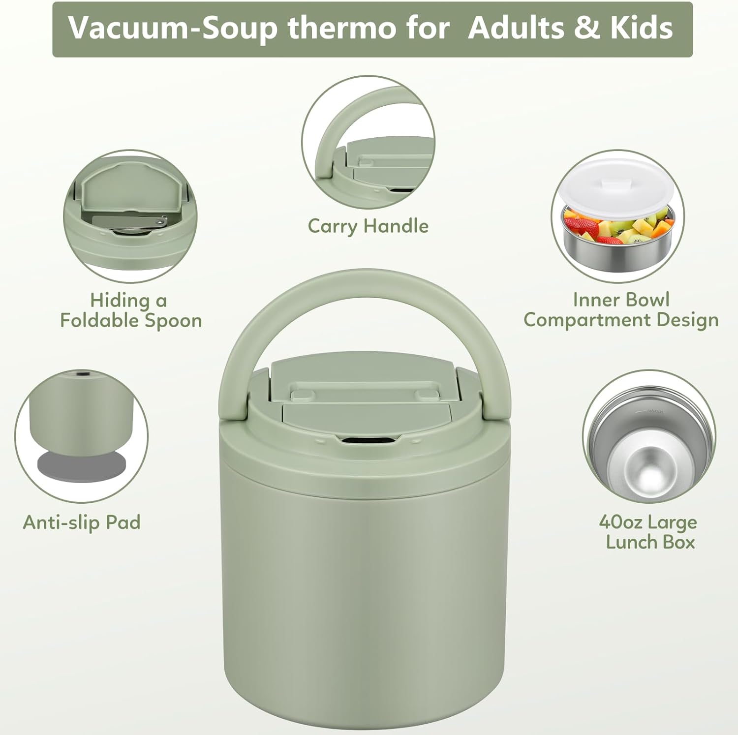 Soup Thermo for Hot Food Adults 40oz Lunch Containers Wide, Thermo Insulated Containers Leak Proof Vacuum Stainless Steel With Carry Handle and Spoon BPA Free (Green)