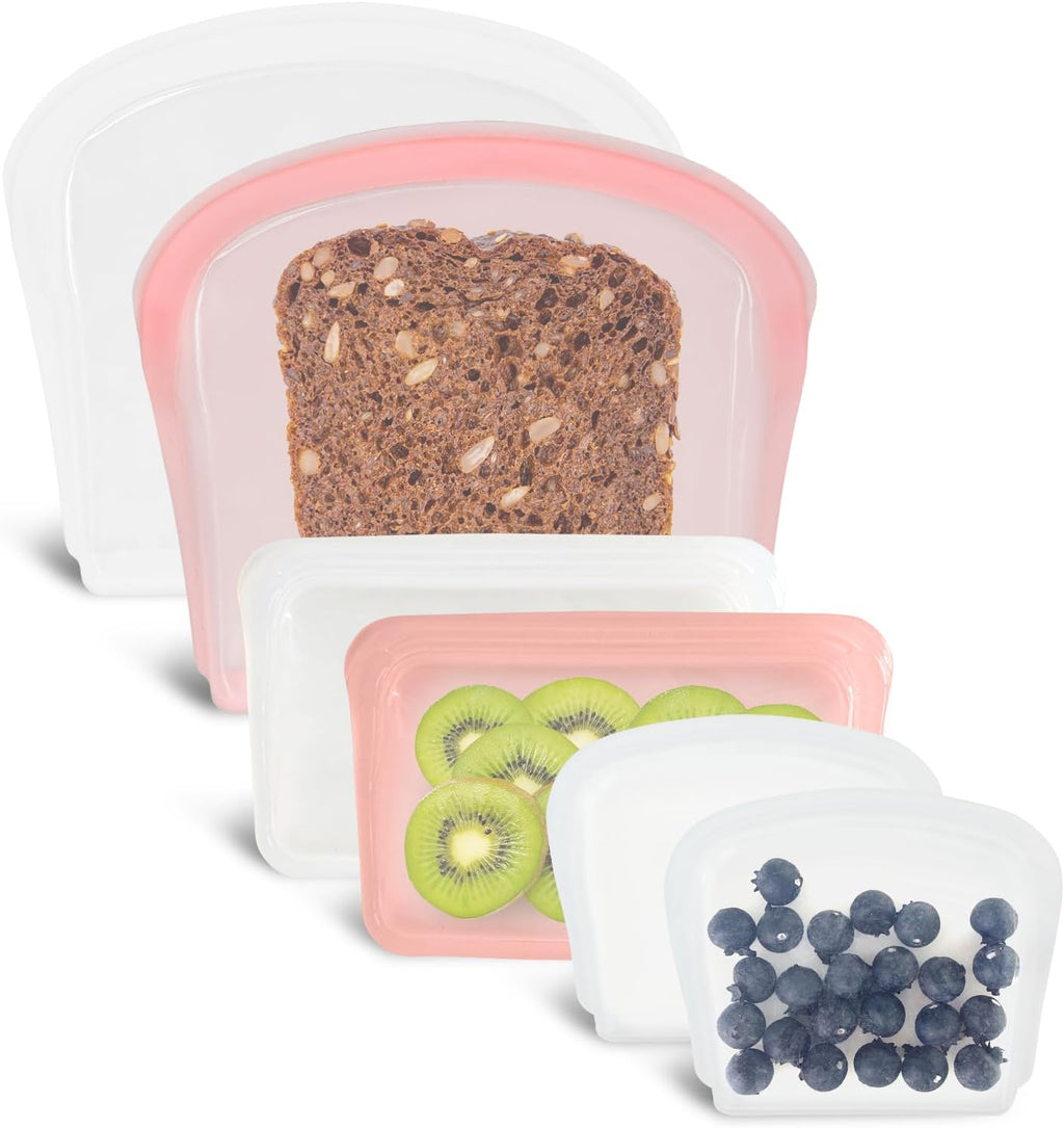 Reusable Silicone Storage Bag, 6Pack Pocket, Snack, and Sandwich Bag, Endurables Seal-Top Silicone Bags for Food Storage, Freezer, Microwave, Oven, Dishwasher Safe (Clear & Rose Quartz)