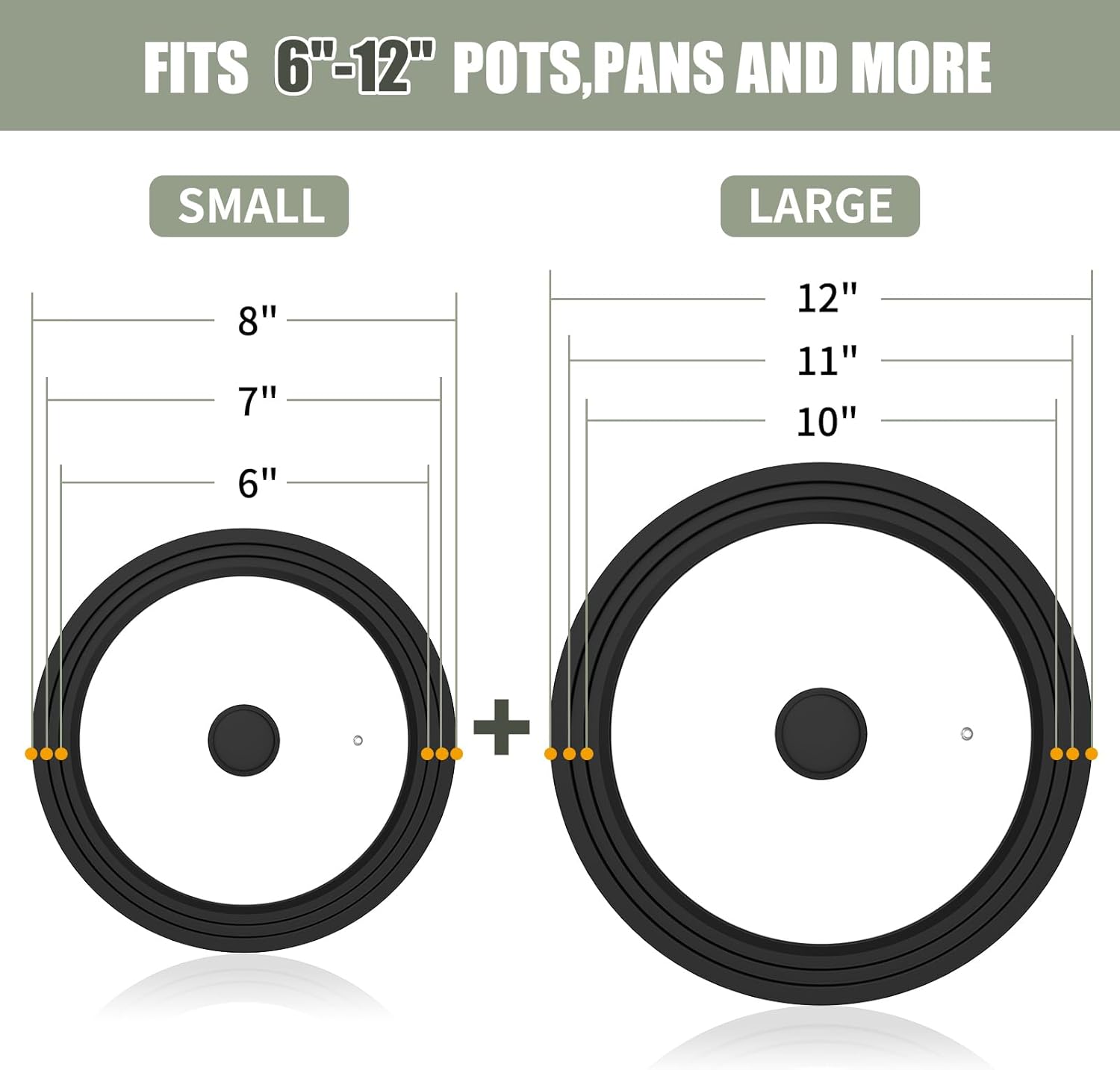 Universal Lid, Tempered Pan Lid with Heat Resistant Silicone Rim, Fits All 6" to 12" Diameter Cookware, Pots, Pans and Skillets (2PK)