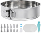 Aufind 10 Inch Springform Pan for Baking, 304 Stainless Steel Cheesecake Pan with Removable Bottom, Includes 12 Piping Tips and 50 Parchment Papers for Pie Cake Pizza and Quiches(10" Cake pan)