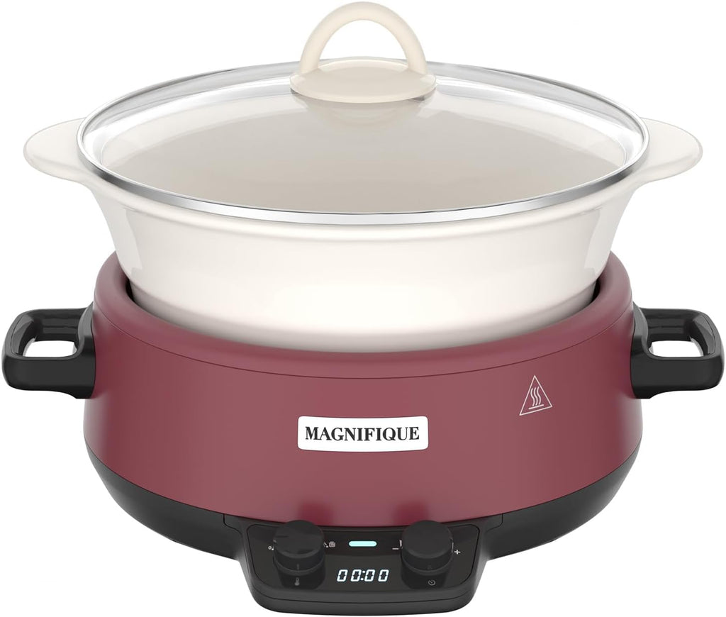 MAGNIFIQUE 5 Quart Programmable Slow Cooker with Auto Warm Setting, Glazed Ceramic Liner, Kitchen Small Appliance for Family Dinners, Red