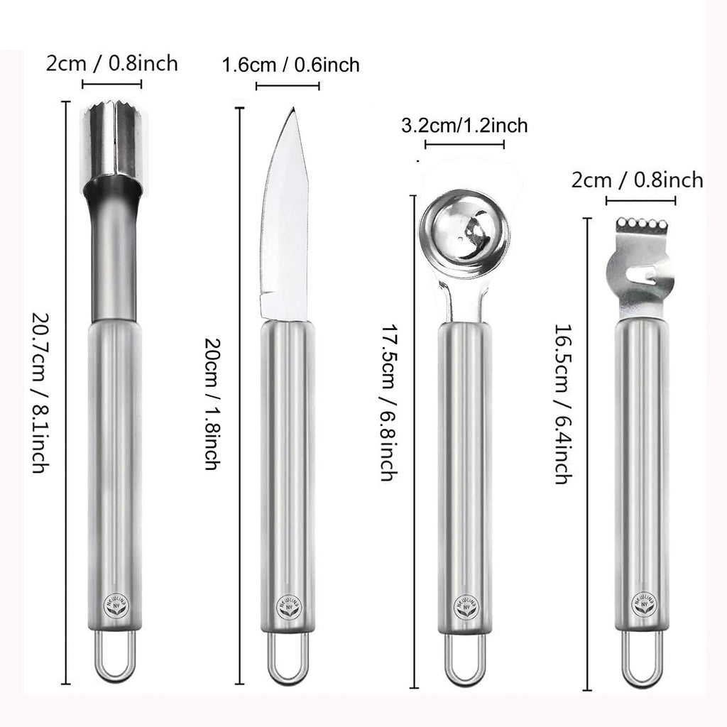 NewlineNY Stainless Steel Kitchen Tools: Zester Grater with Channel Knife, Apple Cupcake Corer, Fruit and Melon Scooper, Fruit & Veggie cutting knife, 4 Pcs Set
