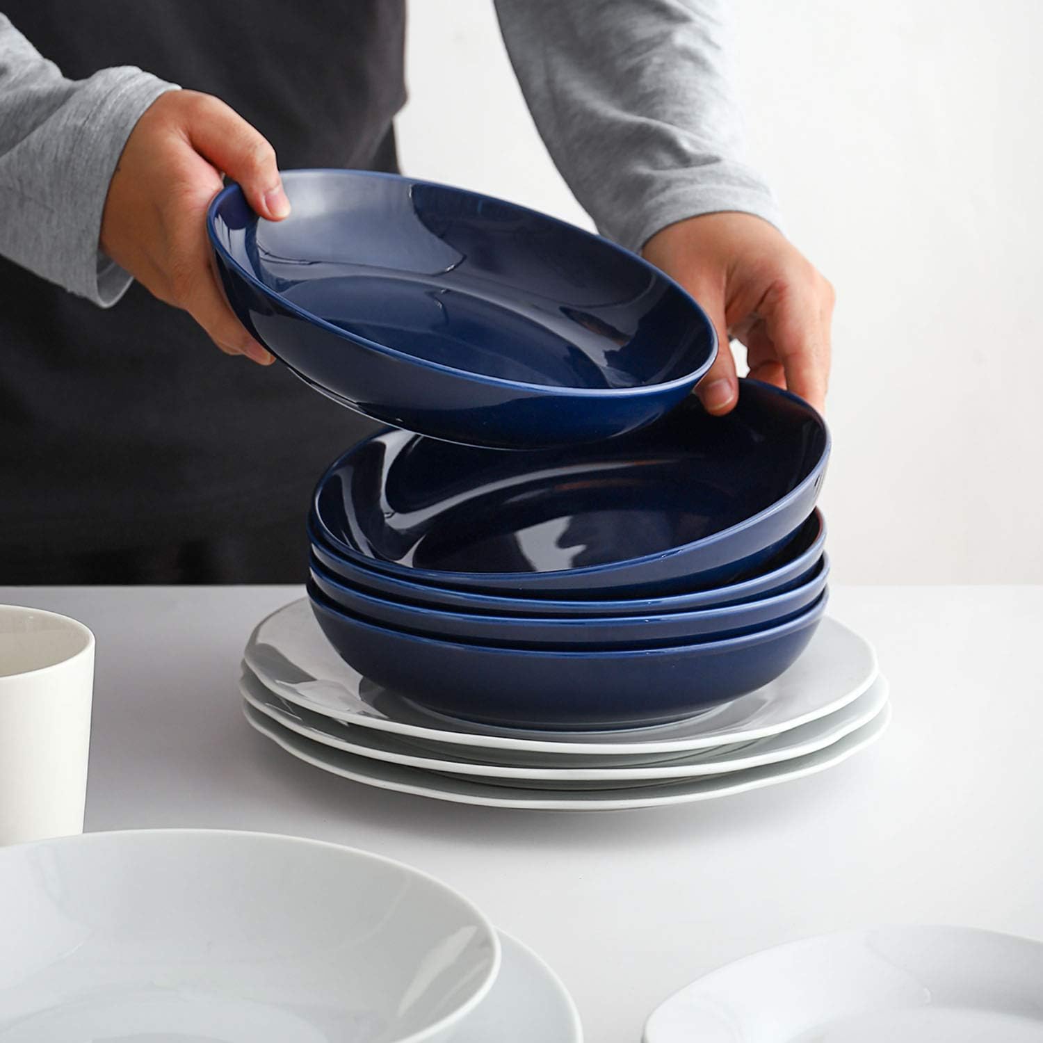 Y YHY 8.5" Vivid Blue Pasta, Salad & Soup Serving Bowls Set of 4, 32oz Large Ceramic, Microwave, Oven & Dishwasher Safe, Sturdy Porcelain Perfect for Daily Dining, Family Gatherings, Parties