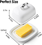 Butter Dish with Lid for Countertop, 7.8" x 6.3" Large Ceramic Butter Keeper Container with Cow Handle, White Butter Holder Tray for East West Coast Butter Stick, Microwave & Dishwasher Safe