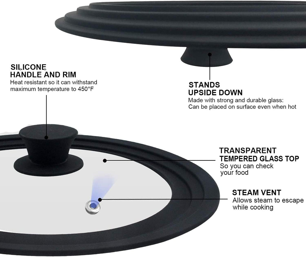 Walfos Universal Lids for Pots, Pans and Skillets - Tempered Glass with Heat Resistant Silicone Rim, Fits 6.5", 7" and 8" Diameter, 9.5", 10" and 11" Diameter Cookware（2PK）