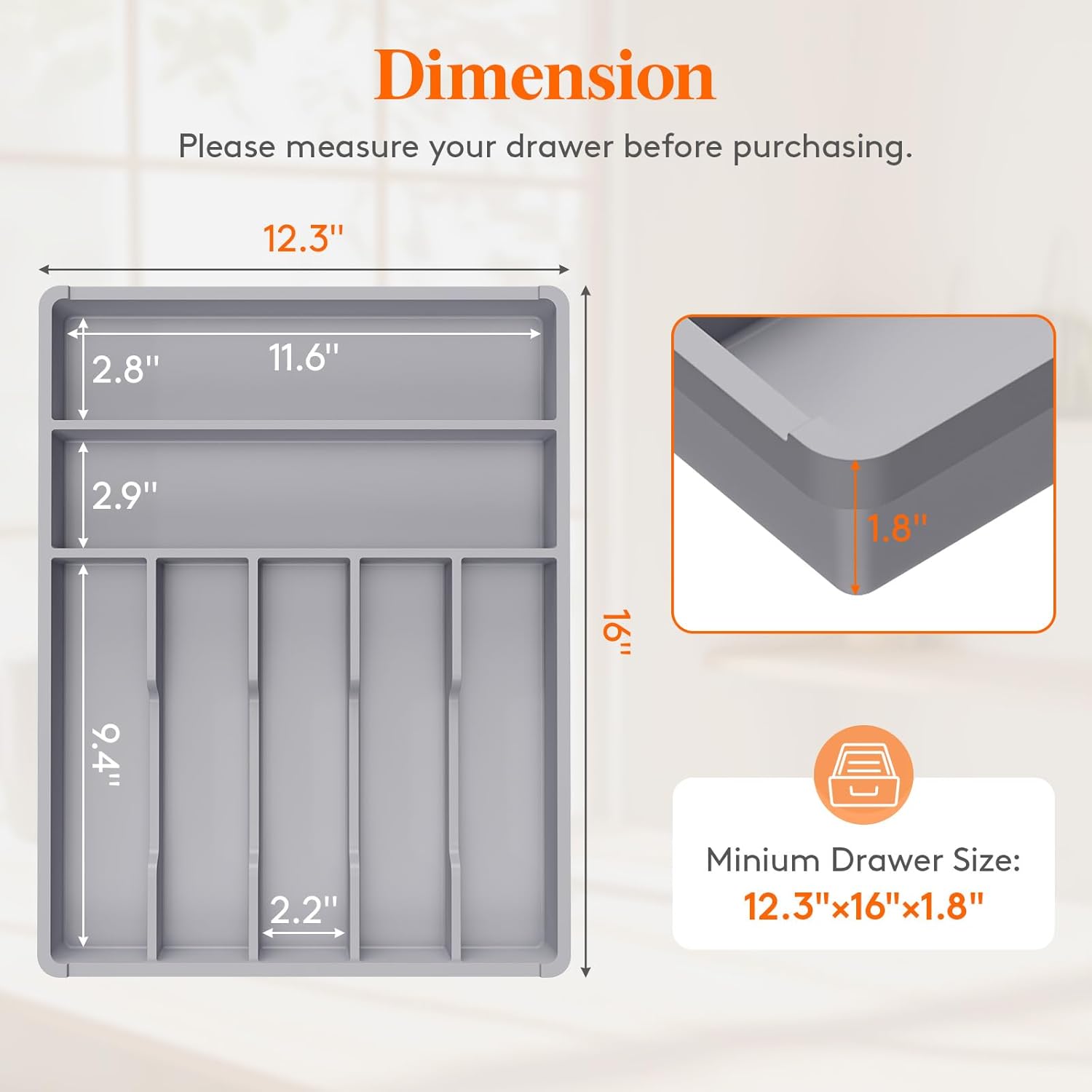 Lifewit Silverware Tray, Deep Wide Cutlery Drawer Organizer Storage for Kitchen, Plastic Flatware Utensil Holder Divider for Spoons Forks Knives Tableware, 7 Compartment, Gray