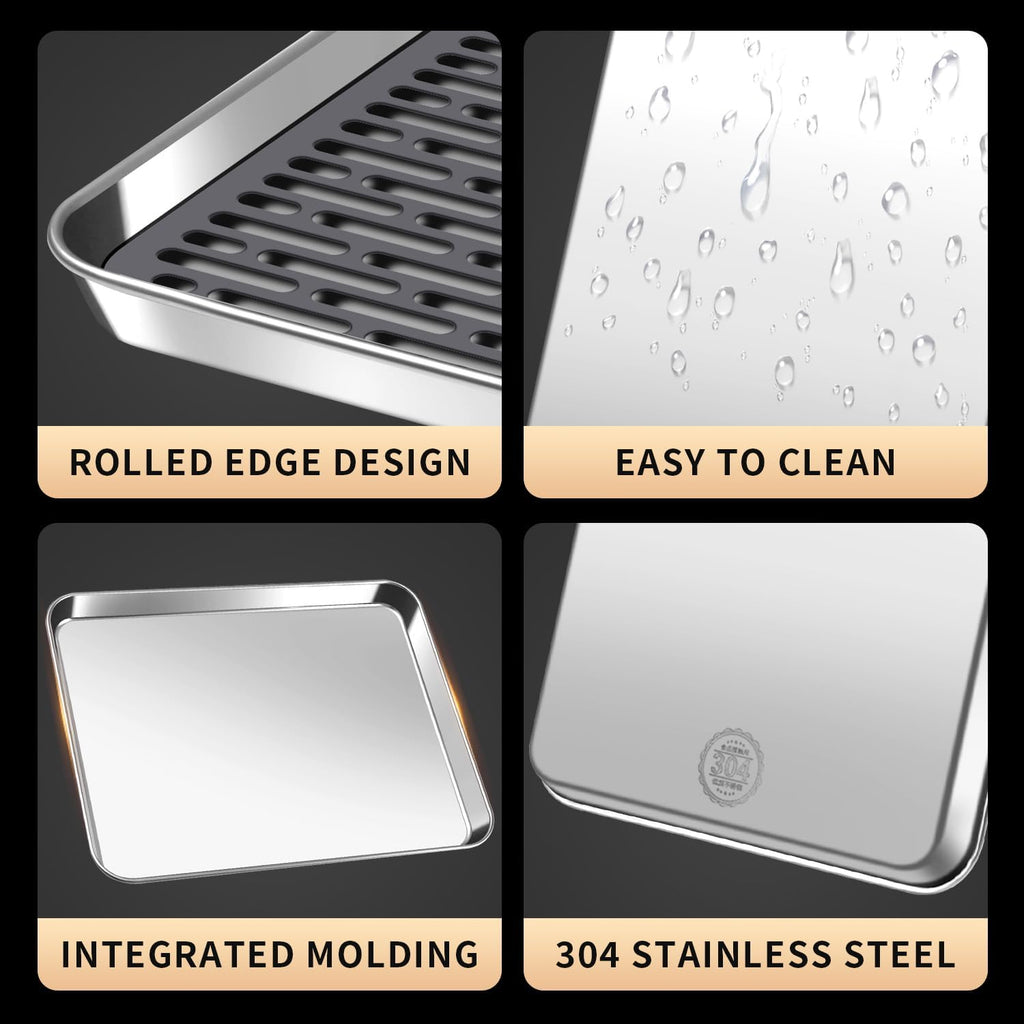 Stainless Steel Drain Tray, Cup & Dish Drying Rack, Drain Board 2 Tier Non Slip Serving Tray with Drainboard Perfect for Sink, Coffee Table, Outdoor (12.5 x 9.8 x 0.98 in)