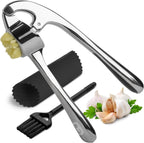 GD Premium Garlic Press Set – Rust-Proof Stainless Steel Garlic Mincer Tool – Easy-Squeeze, Easy-Clean with Soft Ergonomic Handle – Dishwasher Safe, Includes Silicone Peeler & Brush (Imperial Silver)