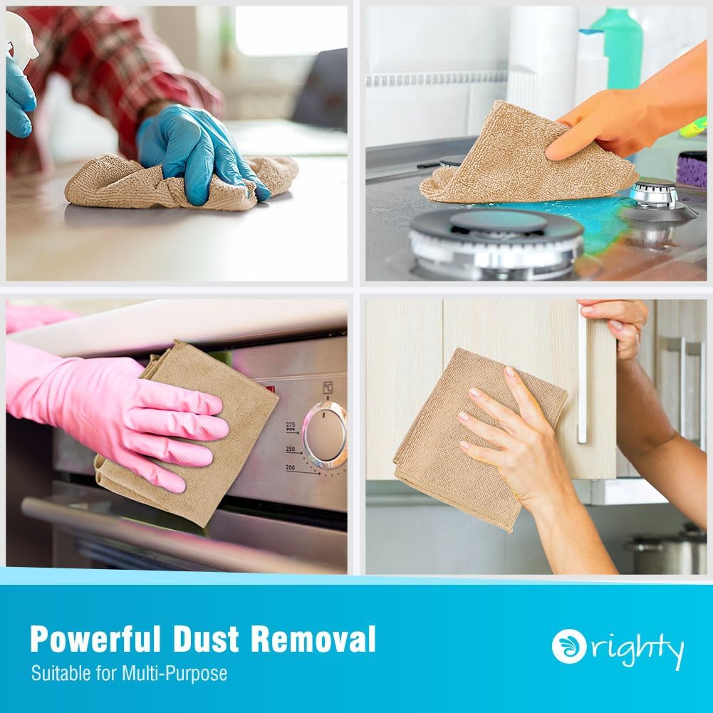 Orighty Microfiber Cleaning Cloth, 12 Pack Highly Absorbent Cleaning Supplies, Lint Free Cloths for Multiple-use, Powerful Dust Removal Clean Rags for House, Kitchen, Car Care(12x12 inch) Brown