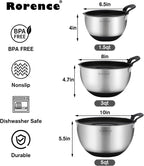 Rorence Stainless Steel Mixing Bowls: Stackable Mixing Bowl Set with Lids and Handles Non-slip Silicone Bottom Nesting Bowls for Kitchen Set of 3 - Black