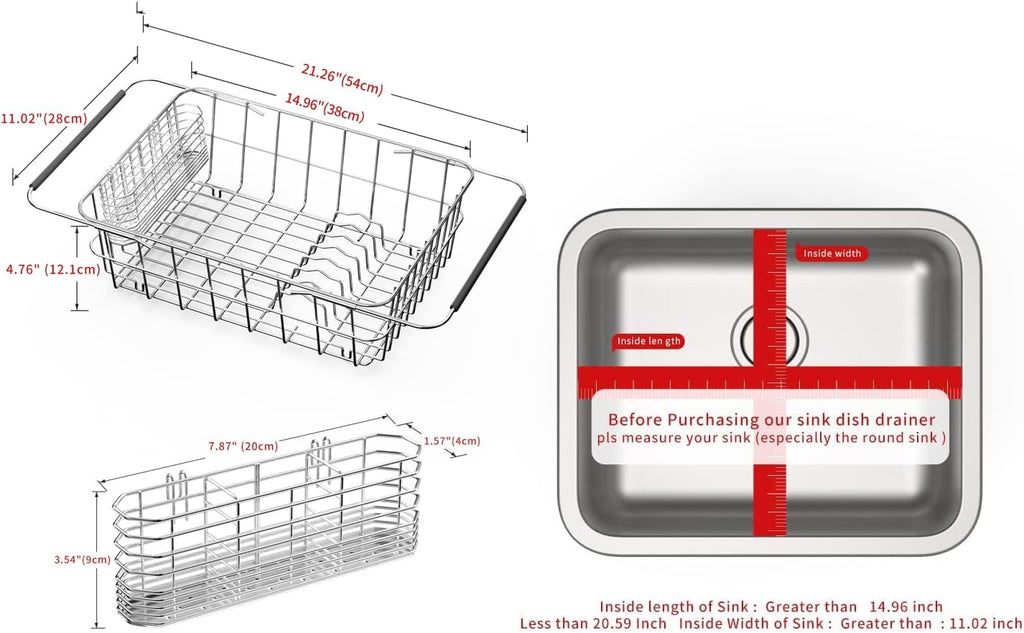 JAQ Dish Drainer in Sink Adjustable 14.96" to 20.59", Expandable 304 Stainless Steel Metal Dish Drying Rack Organizer with Stainless Steel Utensil Holder Over Inside Sink Counter