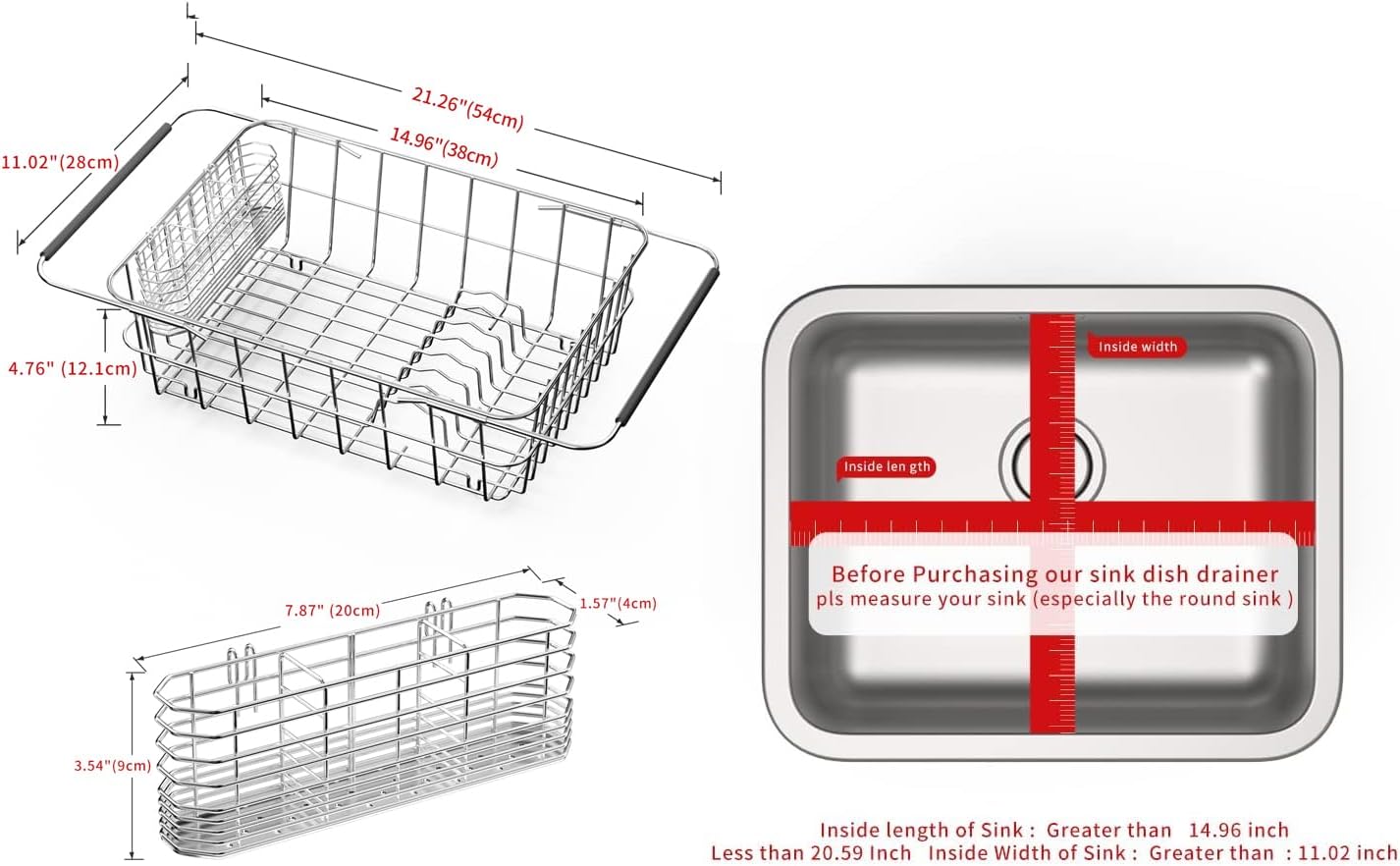 JAQ Dish Drainer in Sink Adjustable 14.96" to 20.59", Expandable 304 Stainless Steel Metal Dish Drying Rack Organizer with Stainless Steel Utensil Holder Over Inside Sink Counter