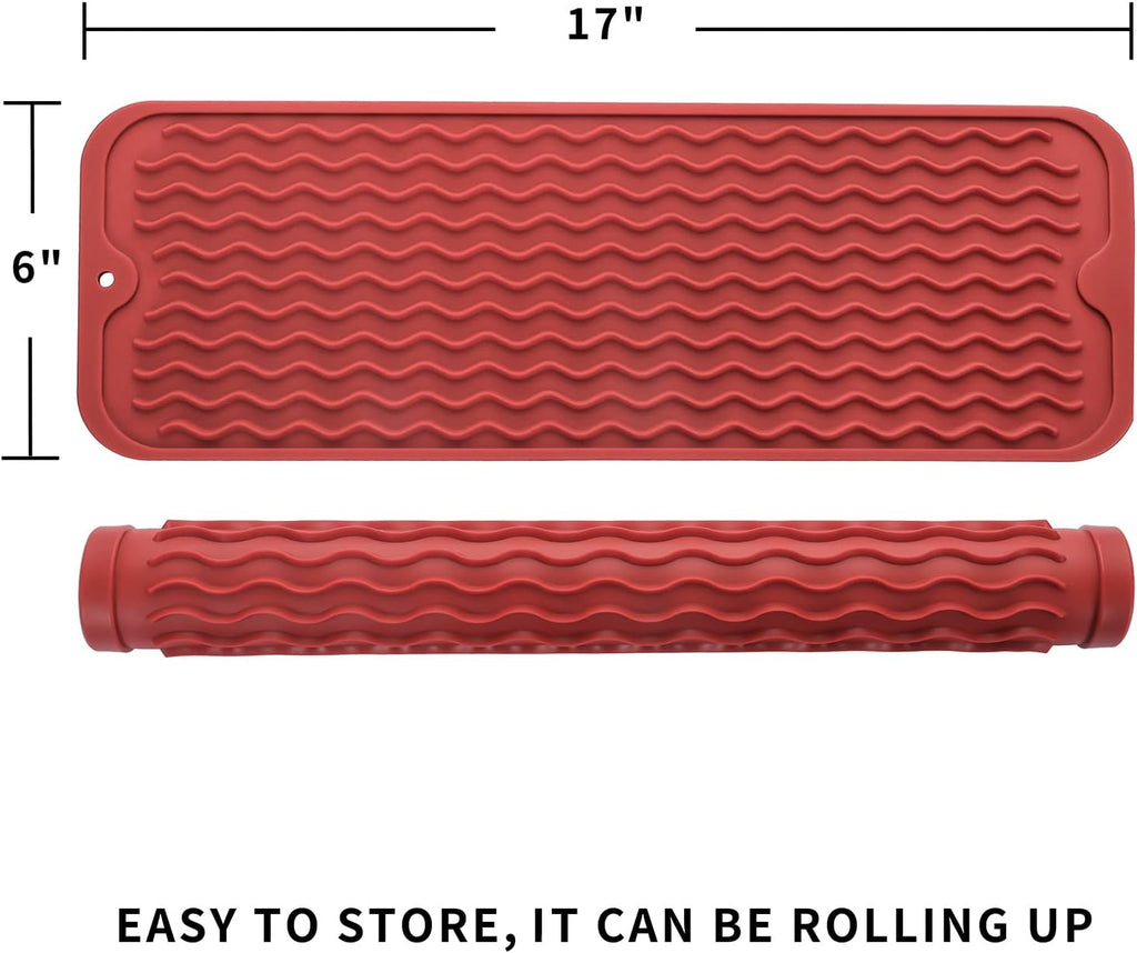 Silicone Dish Drying Mat for Multiple Usage,Easy clean,Eco-friendly,Heat-resistant Silicone Mat for Kitchen Counter,Sink,Bar,Bottle,or Cup Red M 17 inches x 6 inches